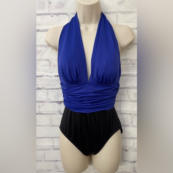 Magicsuit Size 8 Electric Blue Yves Plunge Halter One Piece Swimsuit Slimming - Picture 1 of 10